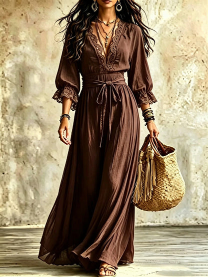 Women Boho V‑Neck Maxi Dress, 3/4 Flare Bell Sleeve Tie Waist A‑Line Flowy Long Dress Casual Vacation Beach Dress