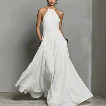 Cotton And Linen Blend Simple Backless Sleeveless Long Dress