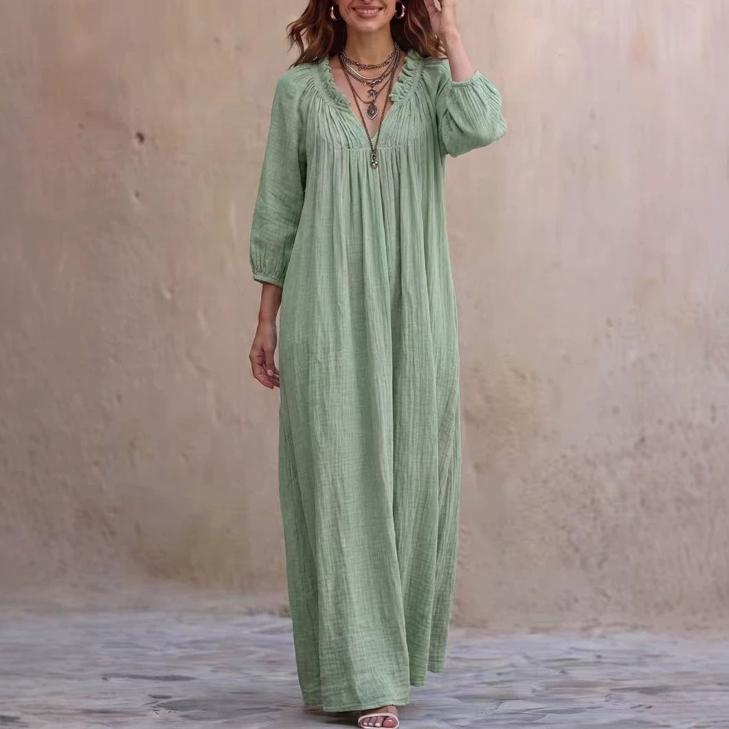 V‑Neck Ruffle Boho Maxi Dress Lantern 3/4 Sleeve Loose Casual Beach Cover‑up Caftan