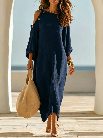 Linen‑Blend Cold‑Shoulder Button Detail Loose Maxi Dress