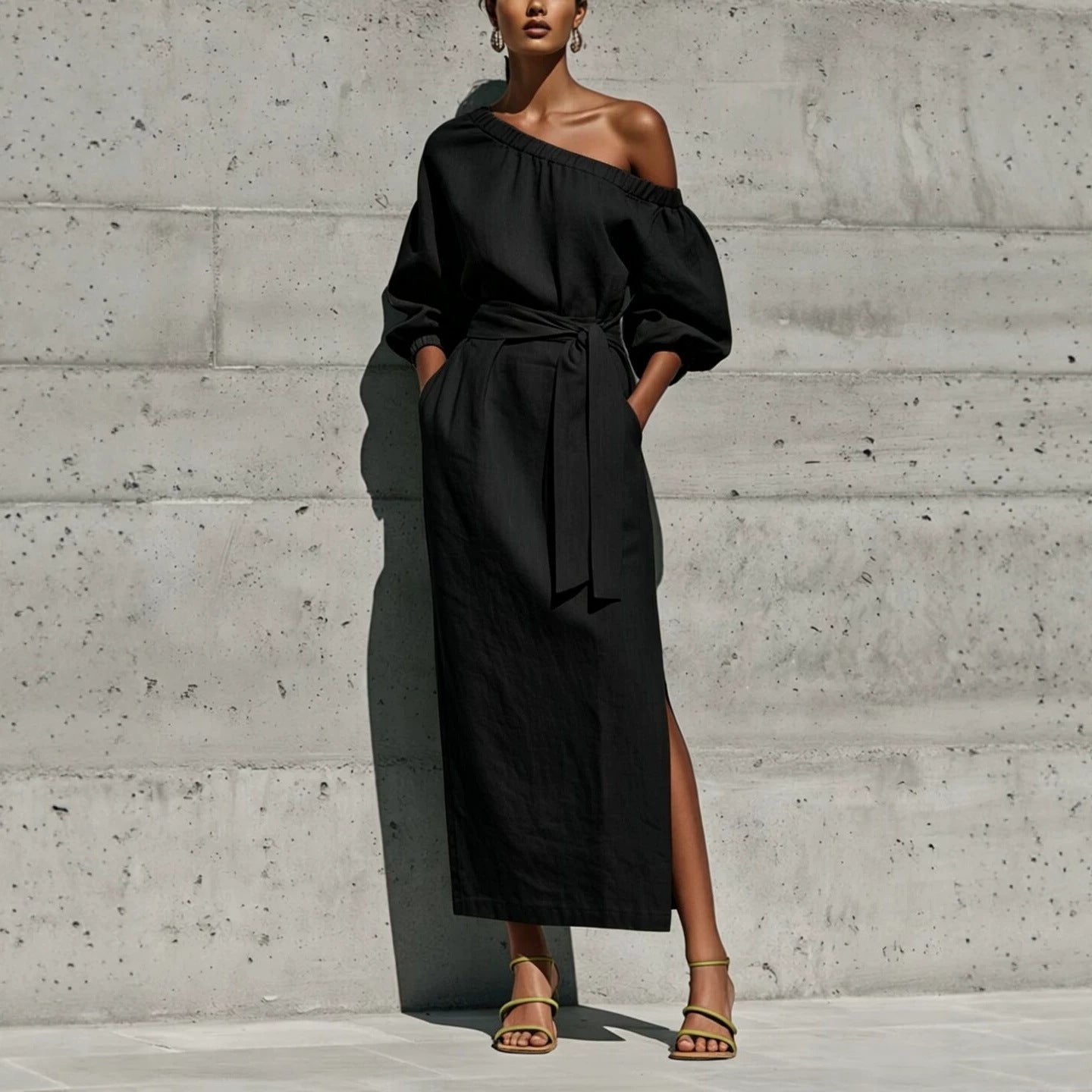 Linen One Shoulder Balloon Sleeve Self Tie Waist Side Slit Midi Dress
