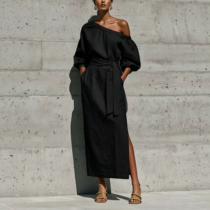 Linen One Shoulder Balloon Sleeve Self Tie Waist Side Slit Midi Dress
