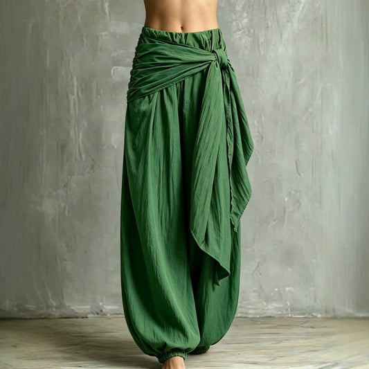 Vintage Wrap Tie Harem Pants, Loose Crinkle Cotton Linen Jogger Trousers