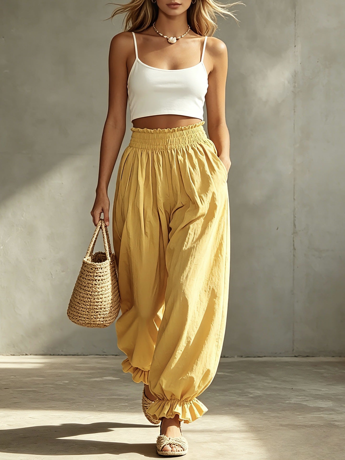 Casual Light Blue Ruffled Lantern Pants Elastic Waist Pants