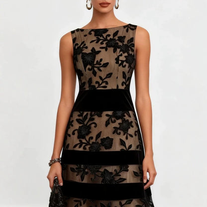 Nude Mesh Black Floral Lace Velvet Strip Sleeveless Midi Dress