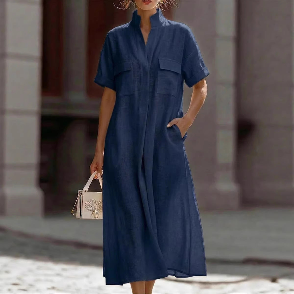 Linen Stand Collar Midi Shirt Dress