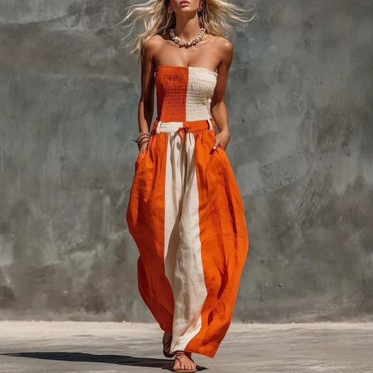 Orange White Vertical Color Block Smocked Strapless Linen Jumpsuit