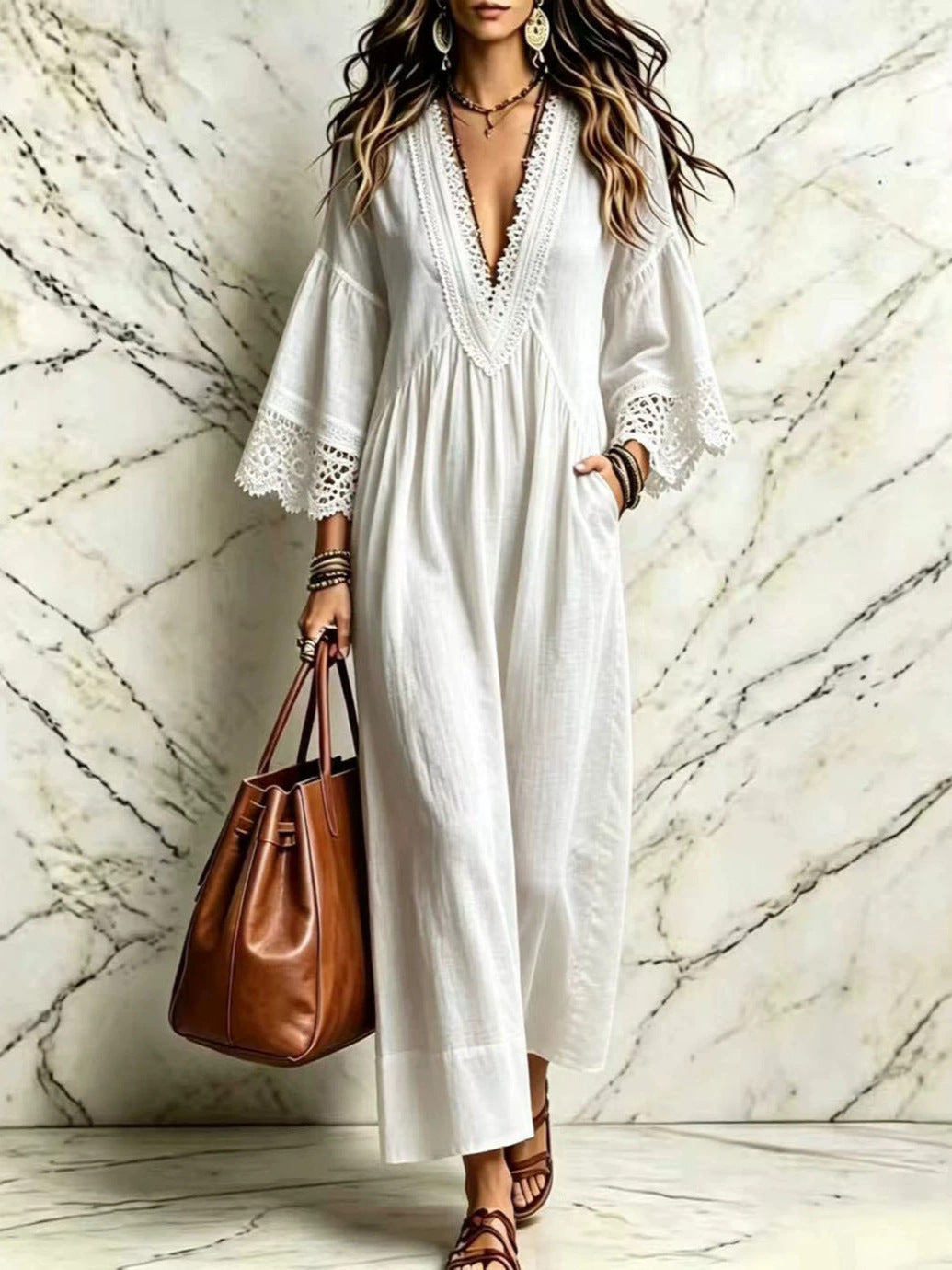 Boho Lace V‑Neck Maxi Dress Women Loose 3/4 Sleeve Beach Vacation Long Gown