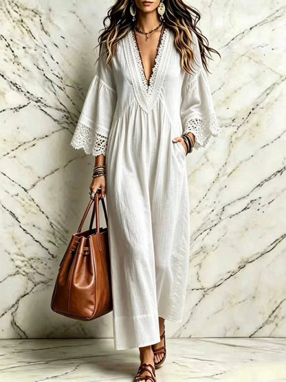 Boho Lace V‑Neck Maxi Dress Women Loose 3/4 Sleeve Beach Vacation Long Gown