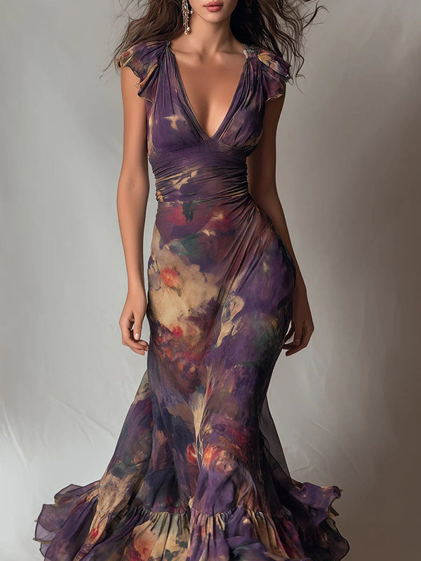 Deep V‑Neck Ruffle Cap Sleeve Watercolor Floral Maxi Dress