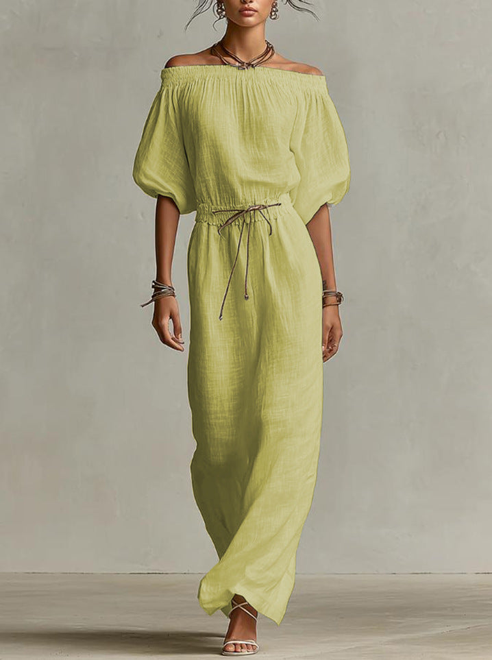 Off‑The‑Shoulder Linen‑Blend Maxi Dress