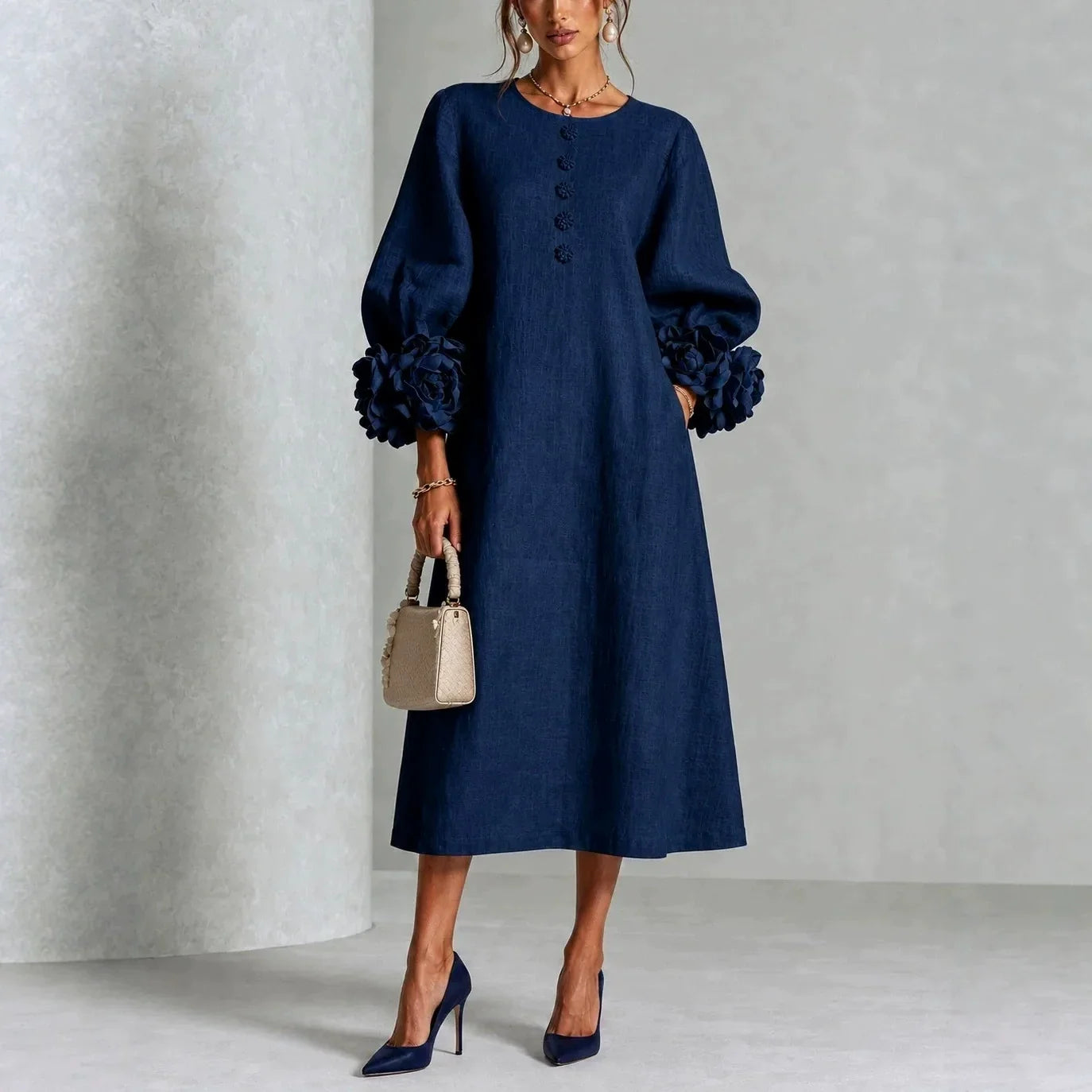 Floral Button-down Midi Dress With Striking Floral Cuffs