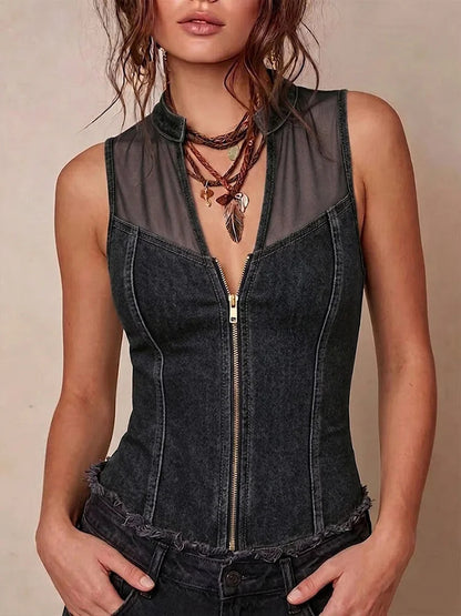 Semi-Sheer Mesh Denim Corset Top