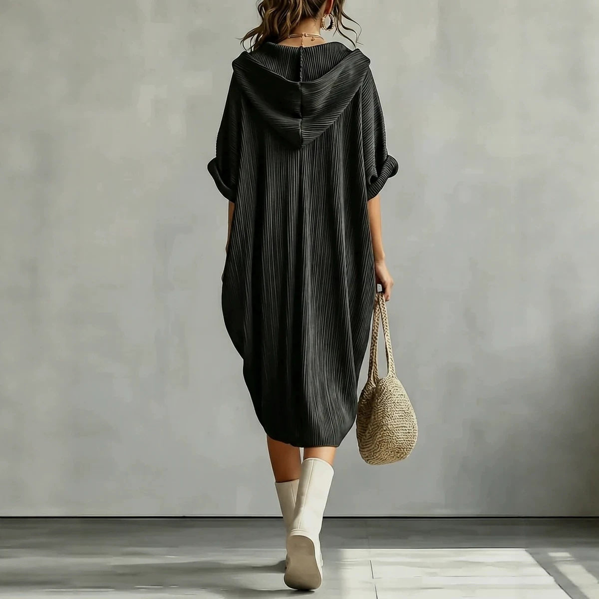 Hooded Crinkle Oversized Midi Dress