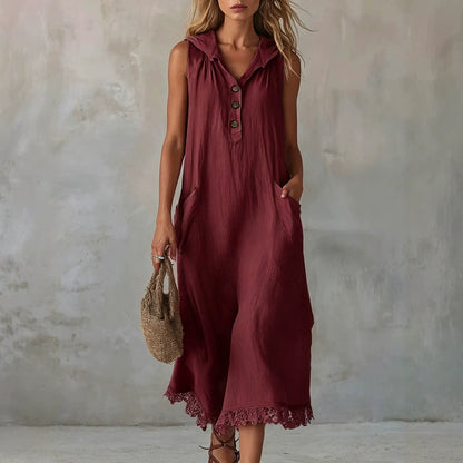 Sleeveless Collared Half Button Lace Hem Linen Midi Dress