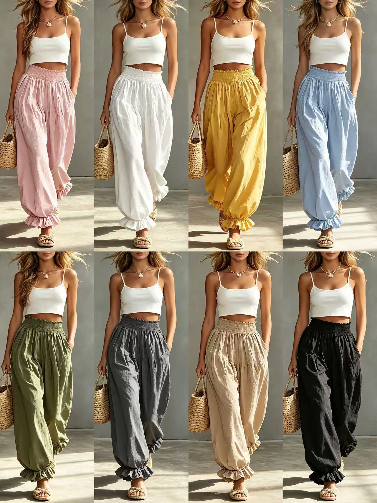 Casual Light Blue Ruffled Lantern Pants Elastic Waist Pants