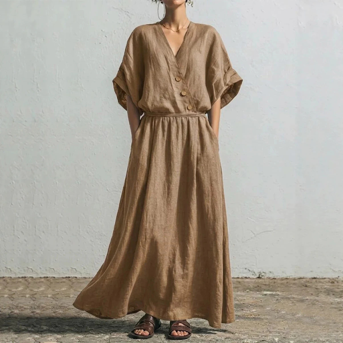Belted Wrap Linen Blend Pocket Maxi Dress