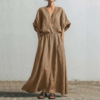 Belted Wrap Linen Blend Pocket Maxi Dress