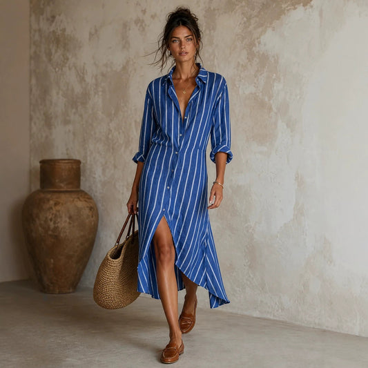 Vertical Stripe Linen Shirt Asymmetrical High Low Midi Dress