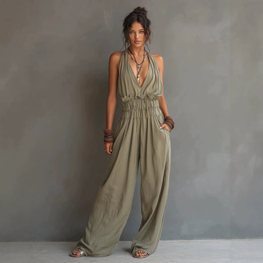 Halter Deep V Smocked Elastic Waist Wide Leg Palazzo Jumpsuit