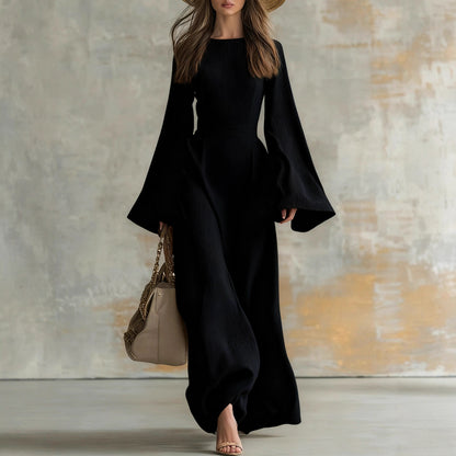 Ribbed Boat Neck Flare Sleeve Fitted Wrap Maxi Dress