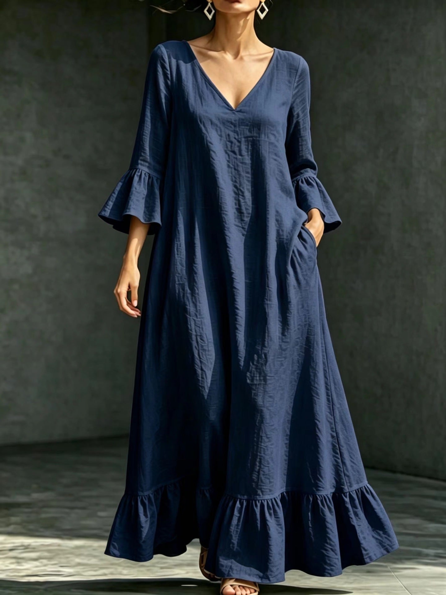 V‑Neck Ruffle Flare Sleeve Linen‑Blend Maxi Dress