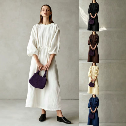 Women's Cream Textured Cotton-Blend Maxi Gown With Drop Shoulder Lantern Sleeves & Self Tie Waist Detail, Modern Effortless-Chic Everyday Maxi Dress