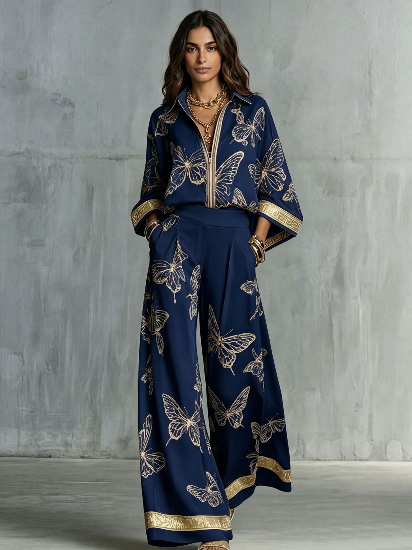 Butterfly Print Zip‑Front Blouse & Wide‑Leg Pant Two‑Piece Set