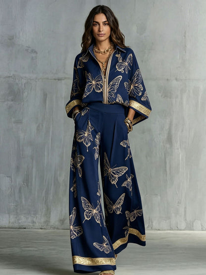 Butterfly Print Zip‑Front Blouse & Wide‑Leg Pant Two‑Piece Set