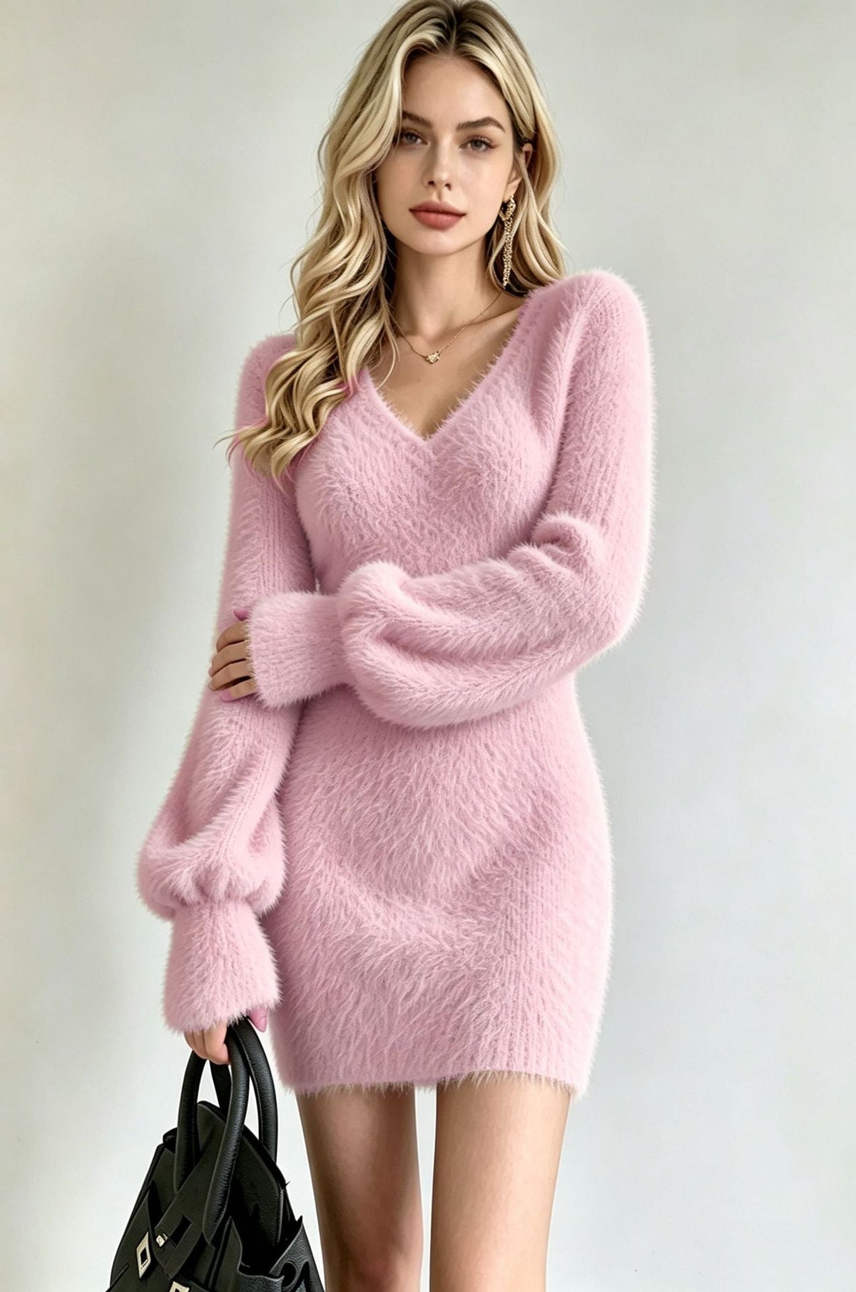 V-Neck Fuzzy Long Sleeve Bodycon Mini Knit Dress