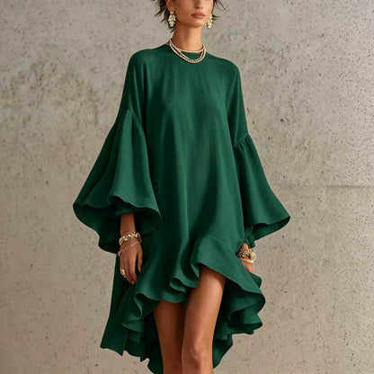 Satin Round Neck Oversized Bell Sleeve High Low Ruffle Mini Tunic Dress
