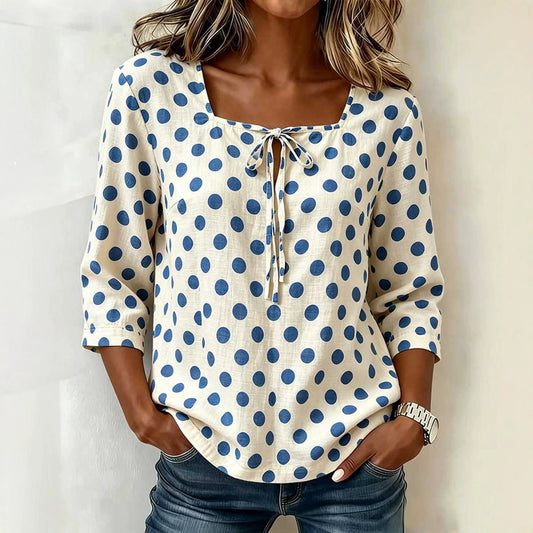 Cream Base Polka Dot Square Neck Tie Front 3/4 Sleeve Blouse