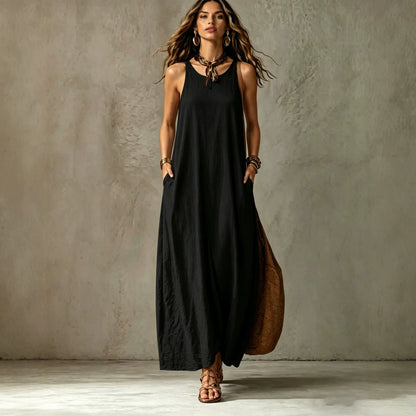 Textured Sleeveless Round Neck Pocketed Maxi Tent Dress