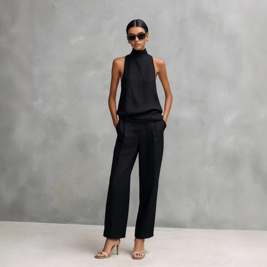 Women's Elegant Cotton And Linen Round-neck Sleeveless Top And Trousers Set
