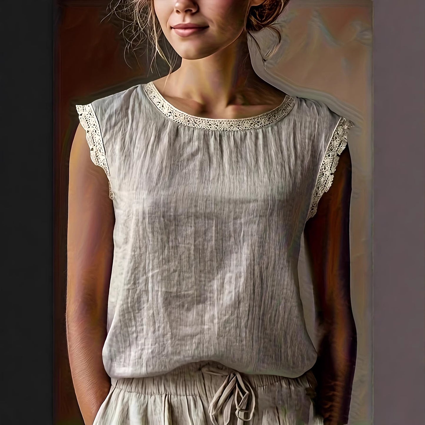 Women'S Retro Loose Solid Color Round Neck Lace Splicing Sleeveless Linen Shirt