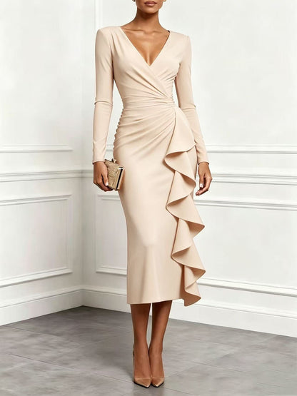 Women's Solid Blush‑Pink Wrap Ruffle Ruched Long‑Sleeve Midi Dress