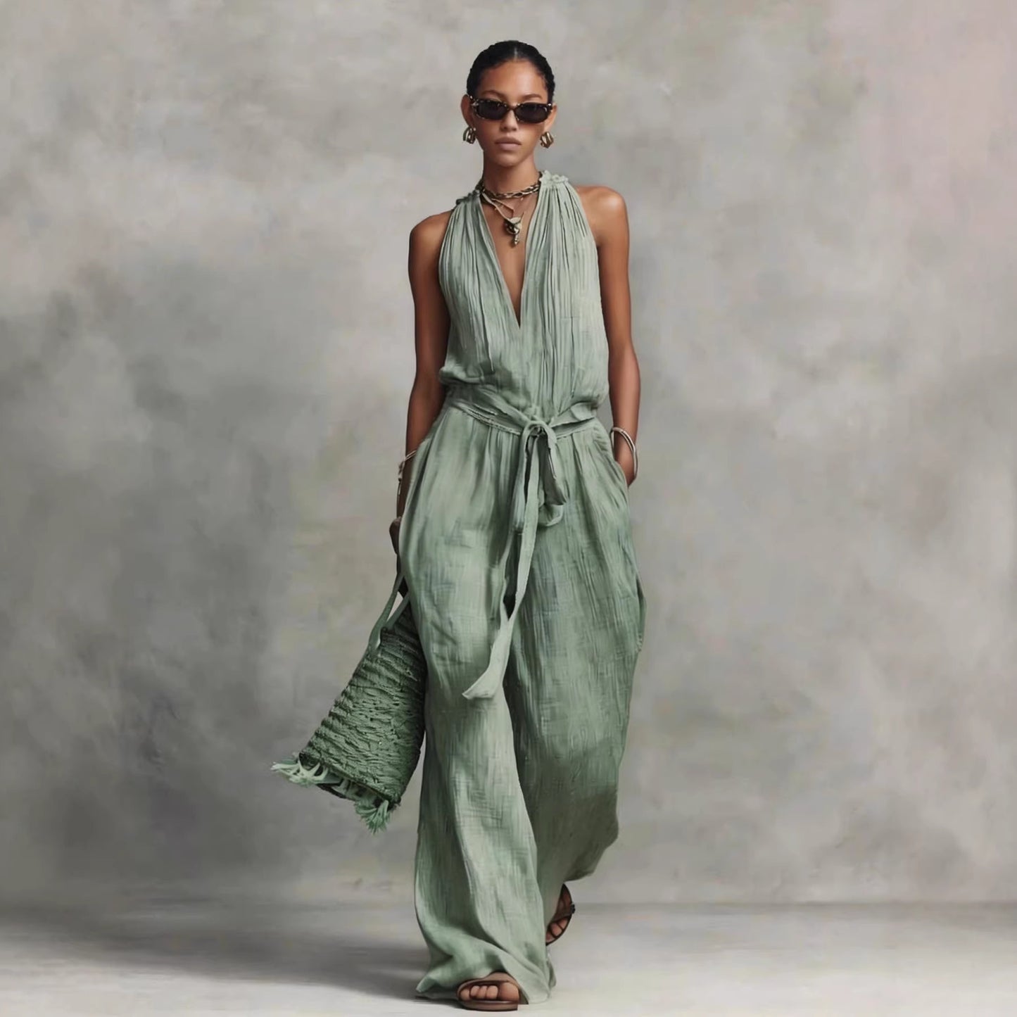 Casual Lace-Up Sleeveless Cotton Blend Jumpsuit