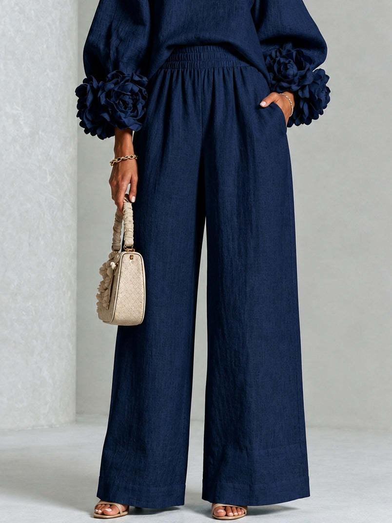 Pink Top Featuring Striking Floral Cuffs Paired With Wide-leg Pants Suit - Matching Sets
