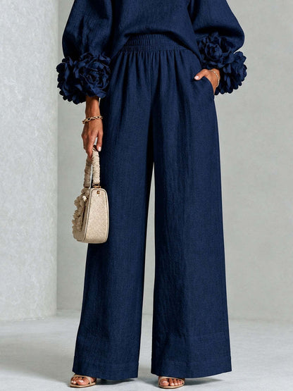 Pink Top Featuring Striking Floral Cuffs Paired With Wide-leg Pants Suit - Matching Sets