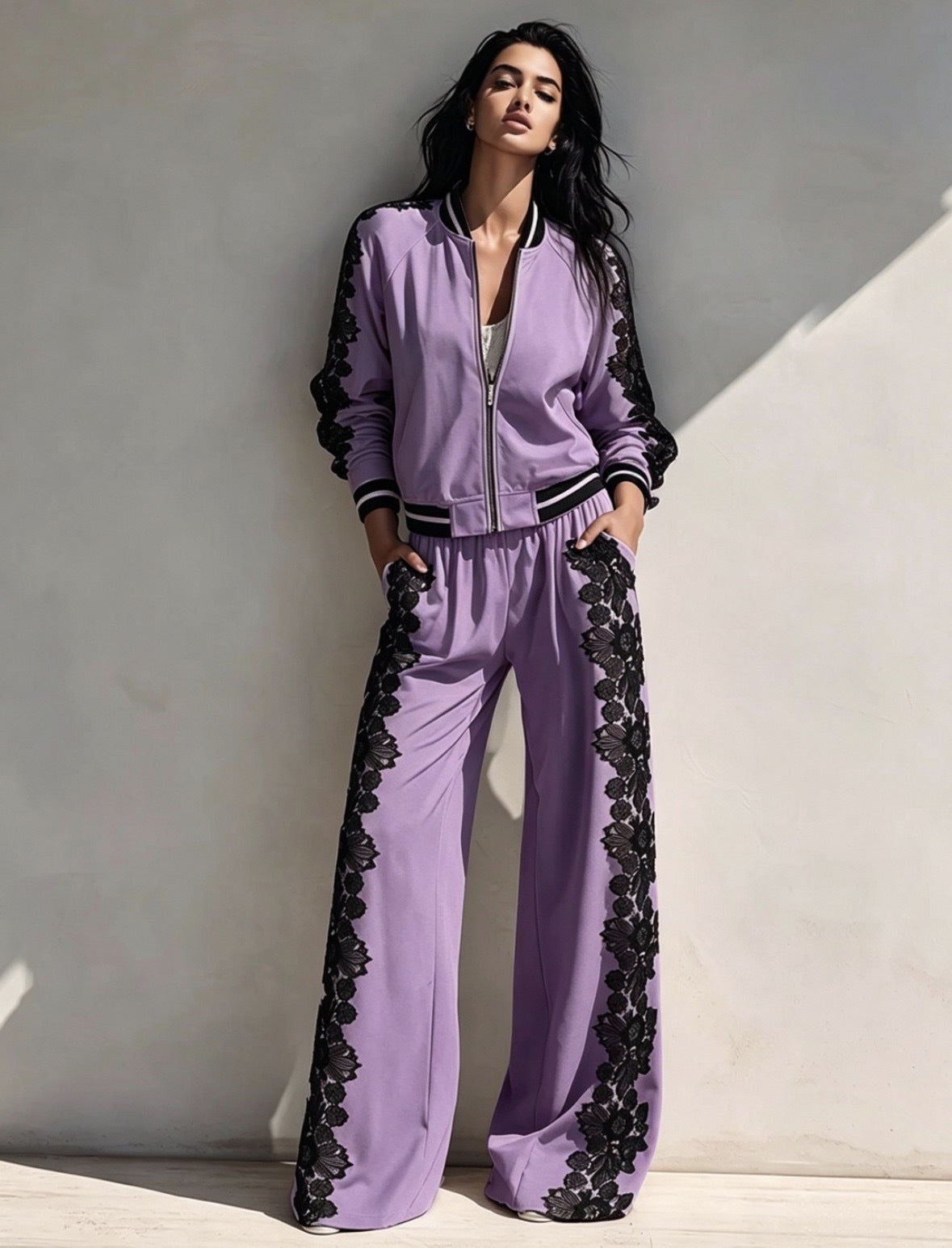 Bomber Jacket & Wide‑Leg Pants Two‑Piece Set with Black Lace Trim