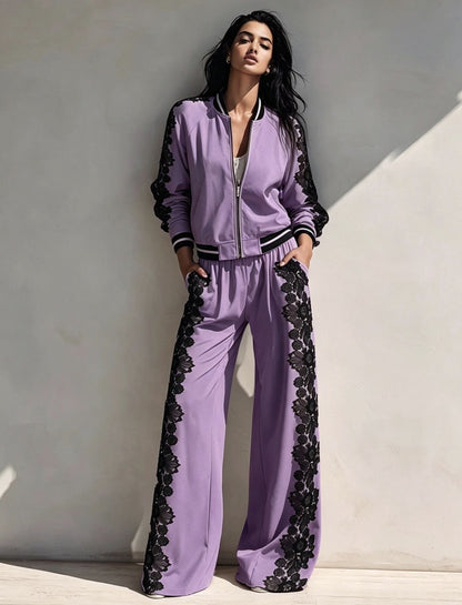 Bomber Jacket & Wide‑Leg Pants Two‑Piece Set with Black Lace Trim