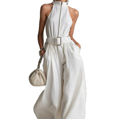 Women's White Linen-Blend Halter Wide-Leg Jumpsuit with Belt