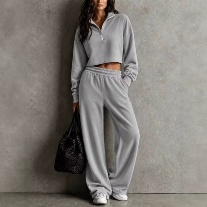 Half‑Zip Cropped Sweatshirt & Wide‑Leg Sweatpants Two‑Piece Set