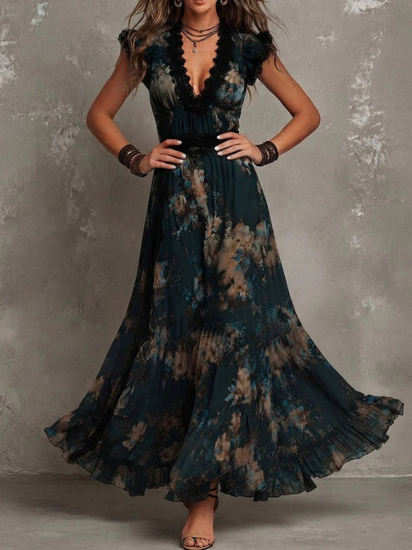 Vintage Boho Floral Maxi Dress V‑Neck Lace Flutter Sleeve Waist Ruffle Hem Long Dress