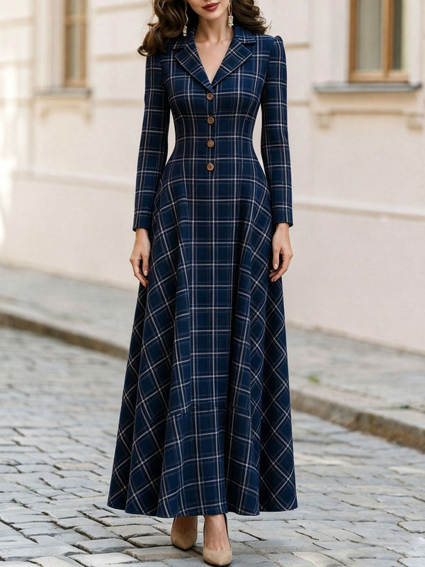 Classic Plaid Long Sleeve Maxi Dress