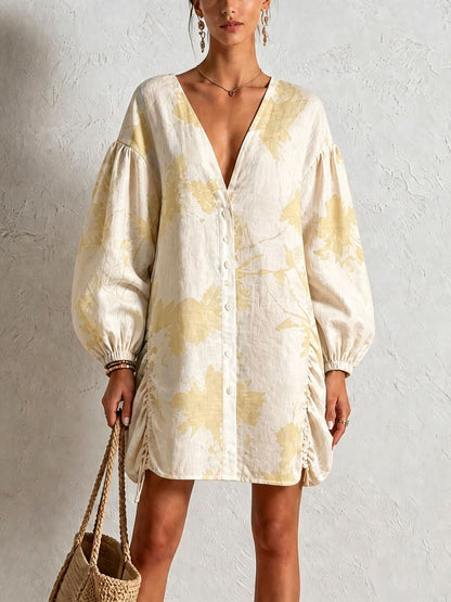 Floral Print Linen‑Blend Button‑Front Mini Shirt Dress