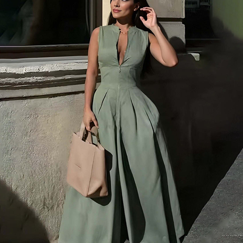 Sleeveless Front Zip Pleated Wide‑Leg Jumpsuit