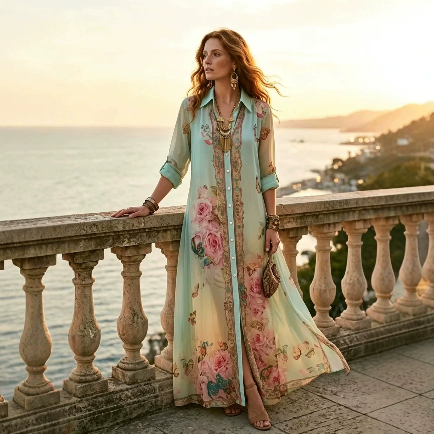 Baroque Style Floral Blue Chiffon Maxi Dress