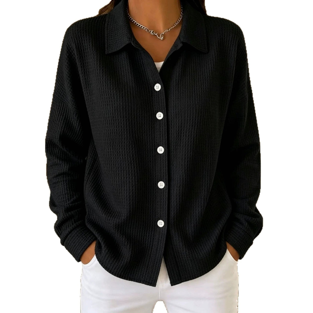 Women’s Light Blue Waffle Knit Lapel Button Down Long Sleeve Shirt