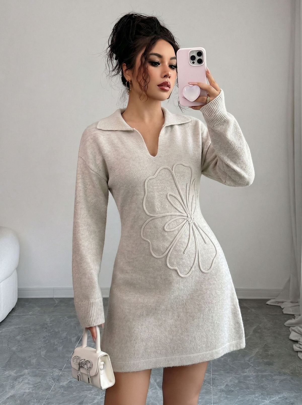 Polo Collar 3D Floral Embroidery Knit Mini Dress